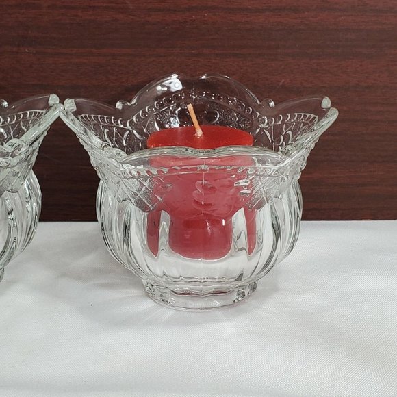 Set of 2 Floral Lace Votive Candleholder clear crystal embossed flowers fluted - Picture 2 of 9